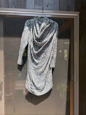 Anna Molinari Gray and Black Leopard Print Draped Long Sleeve Dress